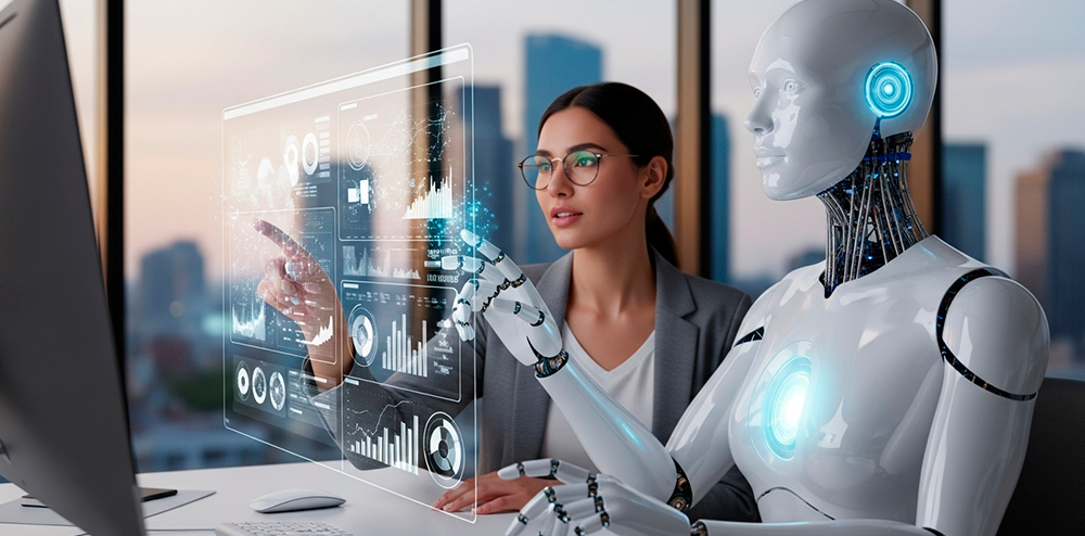 Imagem de uma pessoa e um robô trabalhando juntos