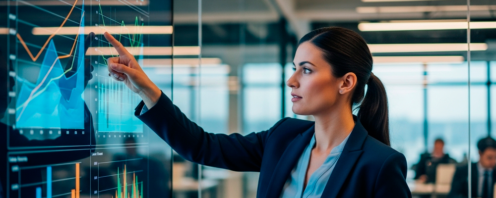 Uma profissional em um ambiente corporativo analisando indicadores em uma tela