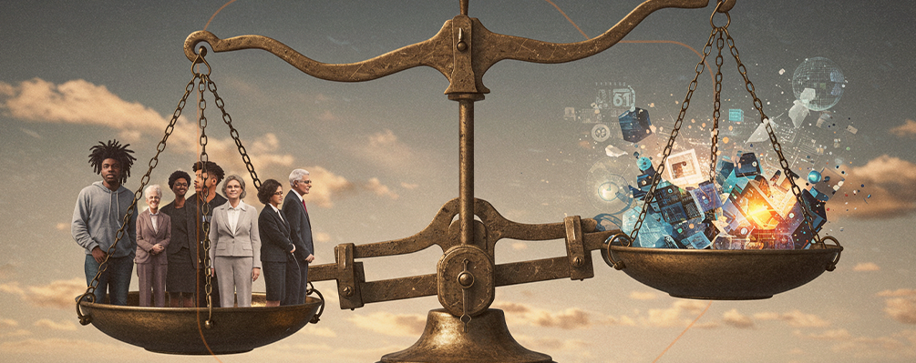 Uma balança com pessoas de um lado e a tecnologia do outro