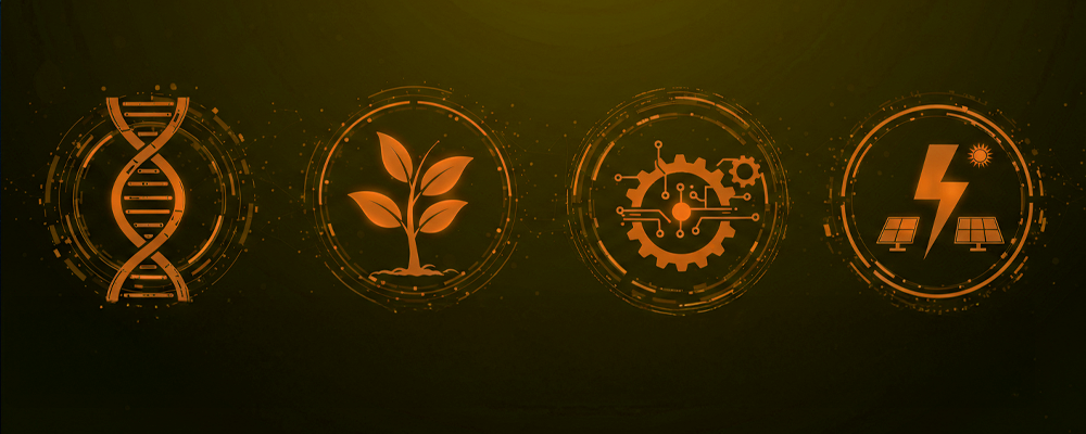 Imagem com símbolos representando a saúde, o agro, a indústria e energia