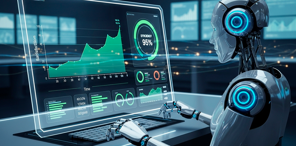 Imagem de um robô analisando dados e dashboards