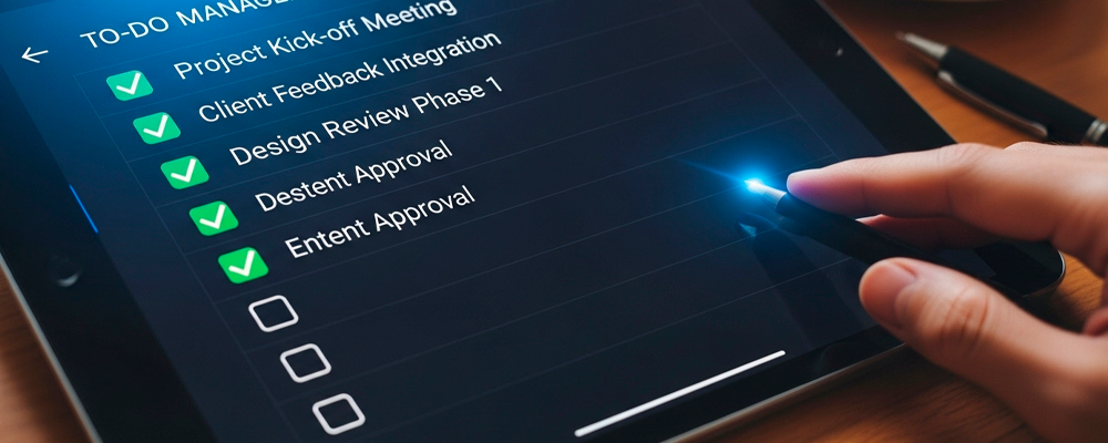 Uma lista digital com um checklist e uma pessoa marcando as opções