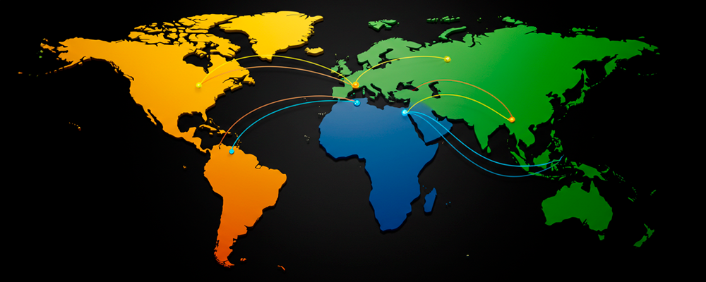 Ilustração de um mapa-múndi com ligações entre América Latina, Europa, América do Norte e Ásia