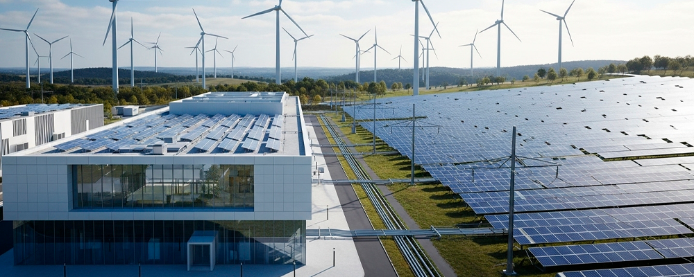 Imagem aérea de um data center ao lado de um parque de produção de energia sustentável
