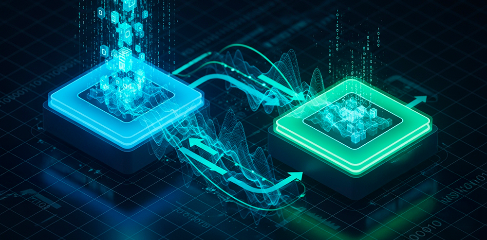 Ilustração de um quadrado tecnológico transmitindo dados para outro quadrado tecnológico