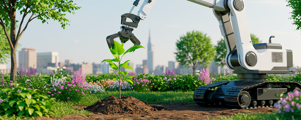 Ilustração de uma máquina plantando uma árvore