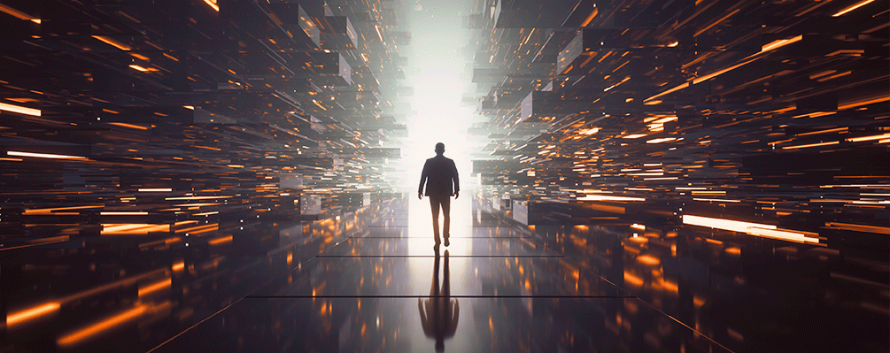 Uma imagem futurística. Um homem no centro com muitas formas geométricas ao redor