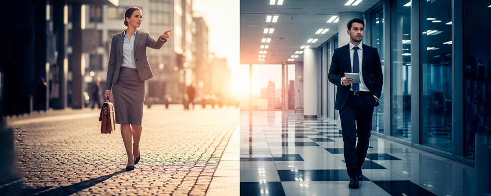 Imagem dividida em duas partes. De um lado uma mulher caminhando na rua, com roupa social. Do outro, um homem andando dentro de um ambiente corporativo, de roupa social.