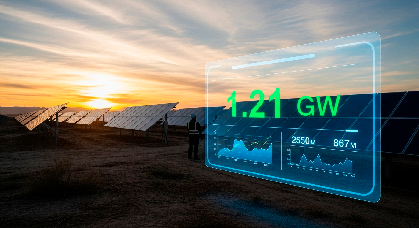 Imagem de um parque solar com um painel de produção de energia disponibilizando dados