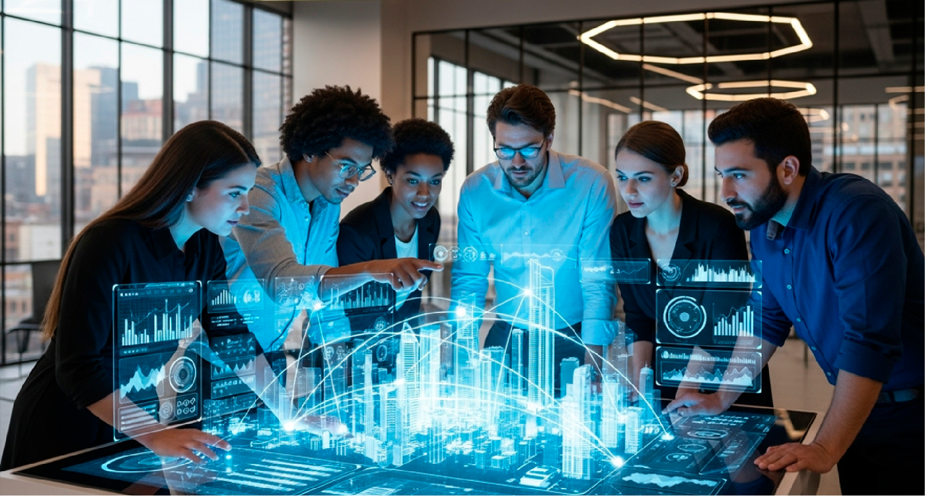 Pessoas reunidas ao redor de uma mesa holográfica