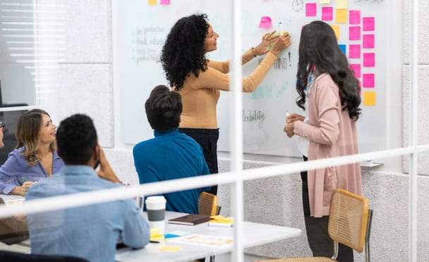 Na imagem, um grupo de cinco pessoas está em uma reunião de negócios. É um grupo heterogêneo, formado por homens e mulheres de diferentes etnias. O tema do texto é método PDCA, o que é e como é aplicado.