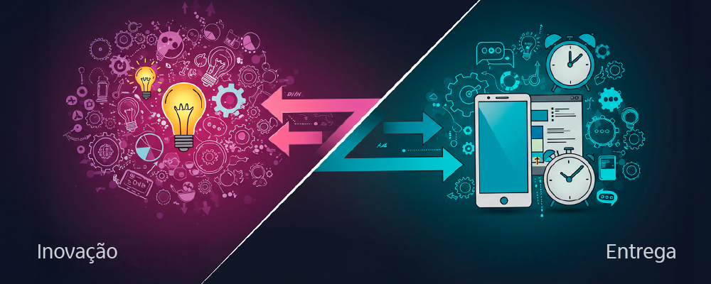Uma imagem dividia em dois, com setas e caminhos ligando os dois lados. De um lado inovação, de outro entrega.