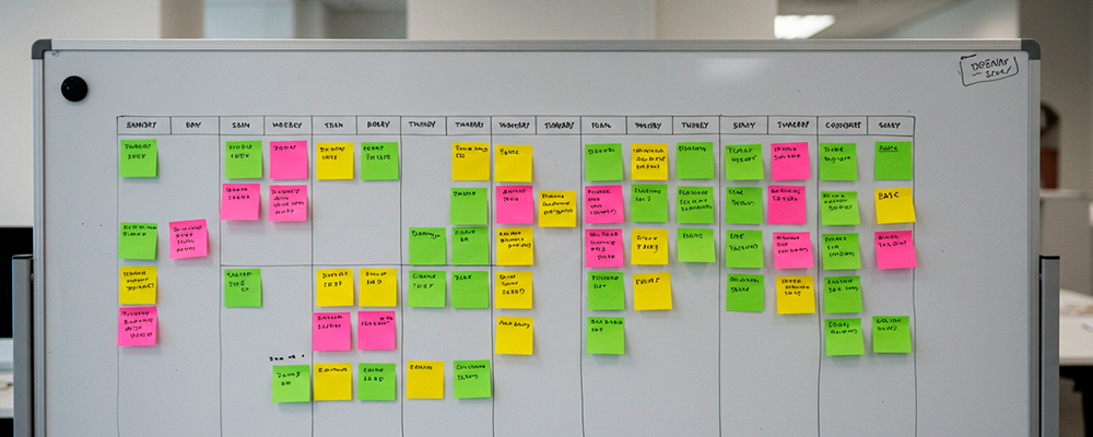 Um quadro com post-its colados com reuniões marcadas