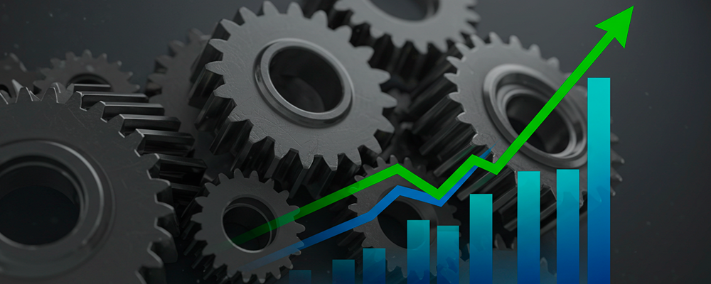 Imagem de engrenagens funcionando juntas, com gráficos indicando produção alta