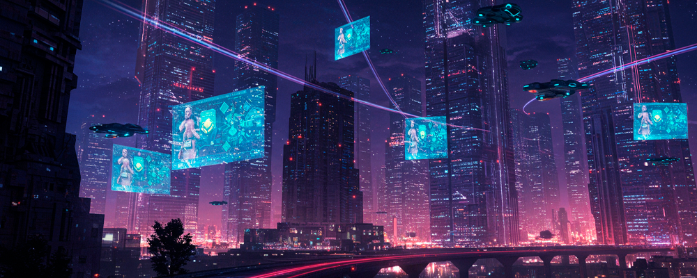 Imagem de uma cidade futurística, com ruas e telões espalhadas pelos prédios.