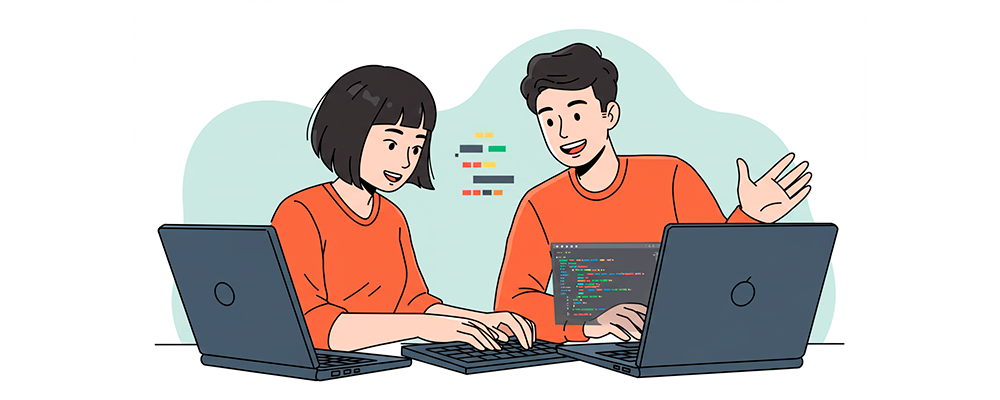 Uma ilustração de dois programadores trabalhando juntos, no mesmo computador