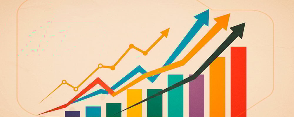 Imagem de um gráfico de barras de crescimento ascendente, com setas e indicadores, representando a competitividade