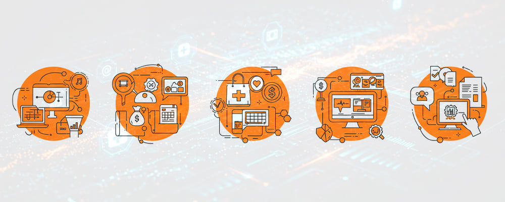 Imagem com ícones representando cada uma das áreas onde a IA pode agir: Atendimento, saúde, varejo, financeiro e RH.