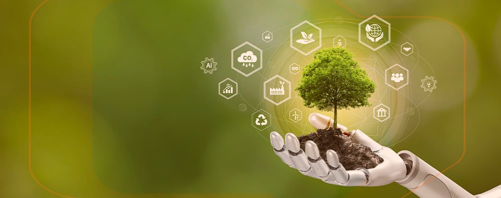 Uma mão robótica com uma árvore na mão, passando a mensagem de tecnologia e sustentabilidade