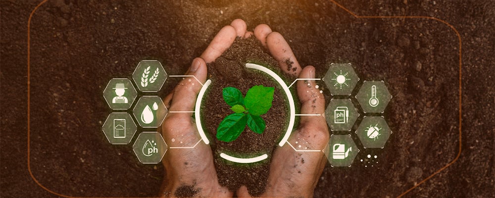 Imagem de uma mão segurando um punhado de terra, com uma planta no centro, remetendo ao uso da tecnologia no agrenegócio.