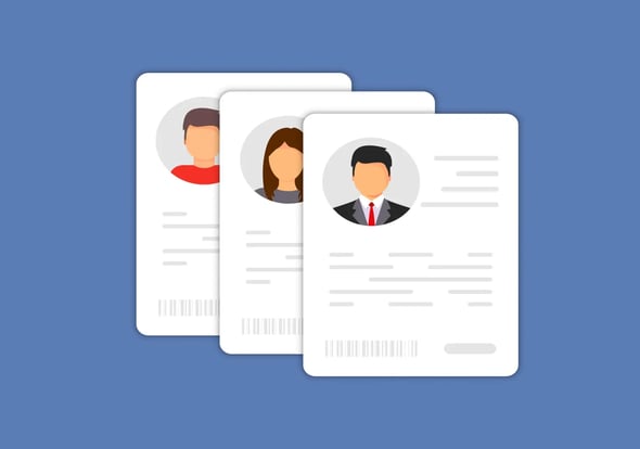 três perfis hipotéticos de vendedores, como fichas técnicas