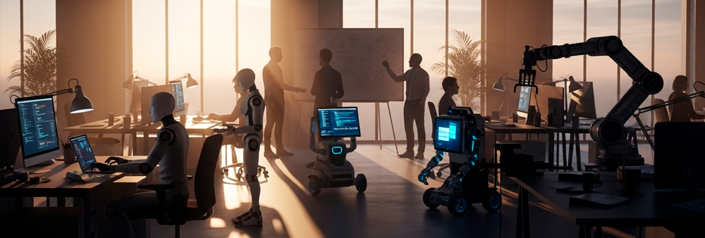 Uma operação funcionando dentro de uma empresa com pessoas e robôs trabalhando juntos