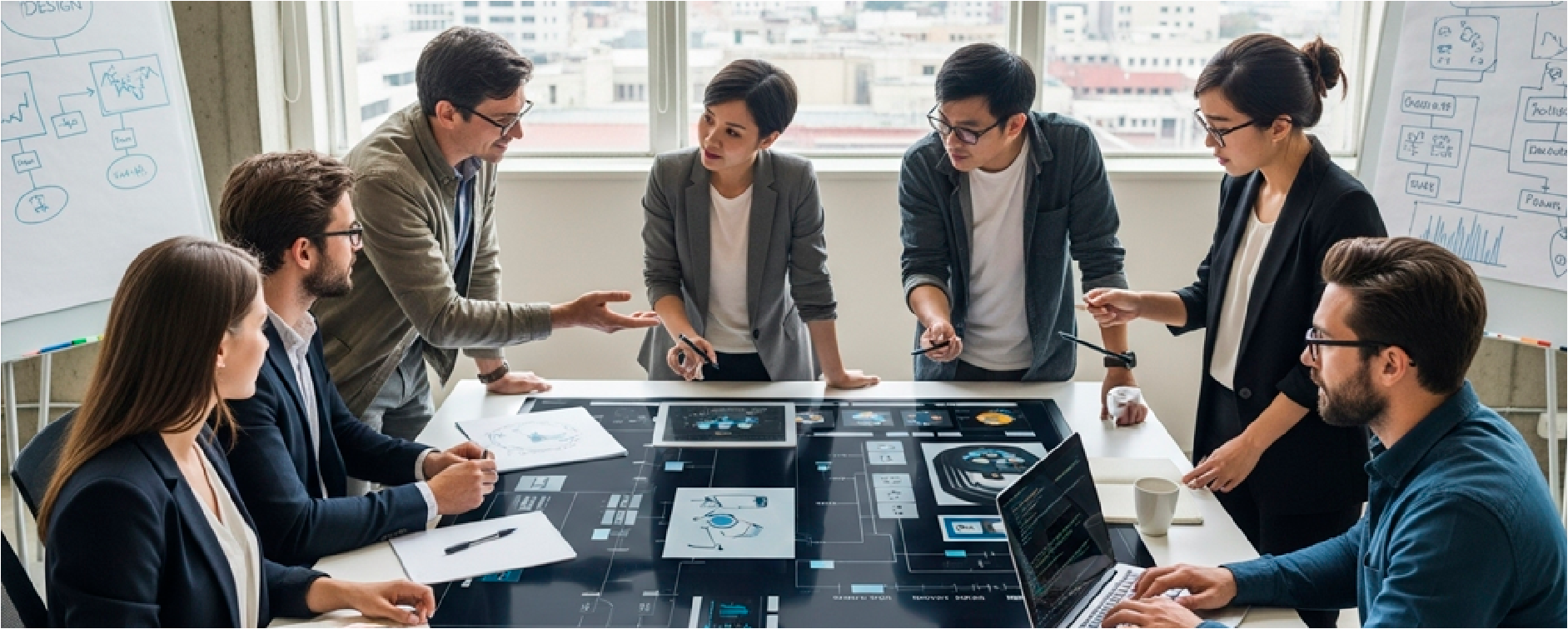 Colaboradores em uma mesa digital organizando ideias 